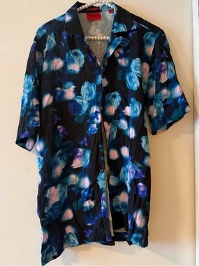 HUGO Boss Black Button-Up Shirt with Blue Floral Print Small